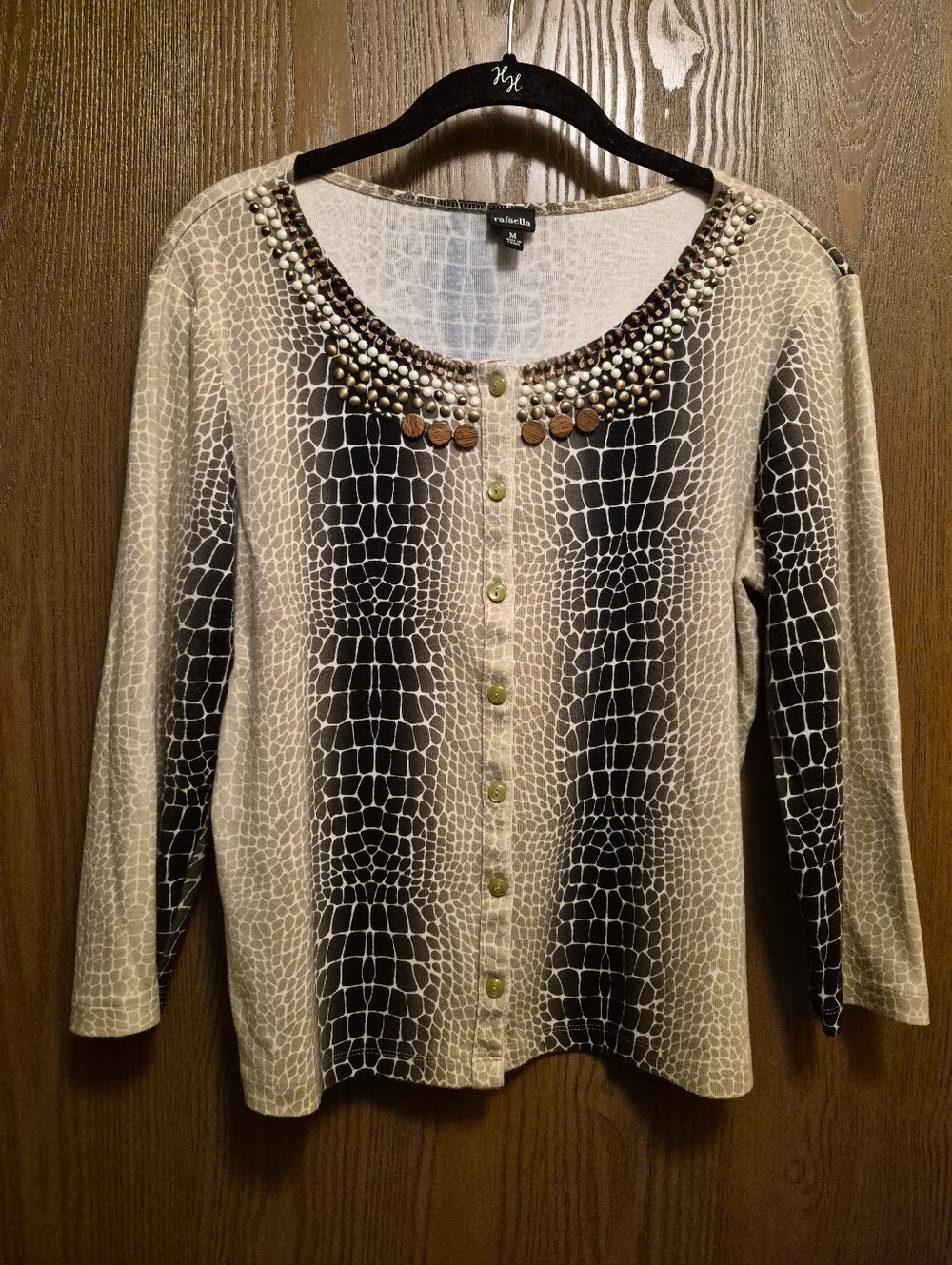Rafaellai Beige and Black Croc-Print Beaded Button-Front Cardigan Top M